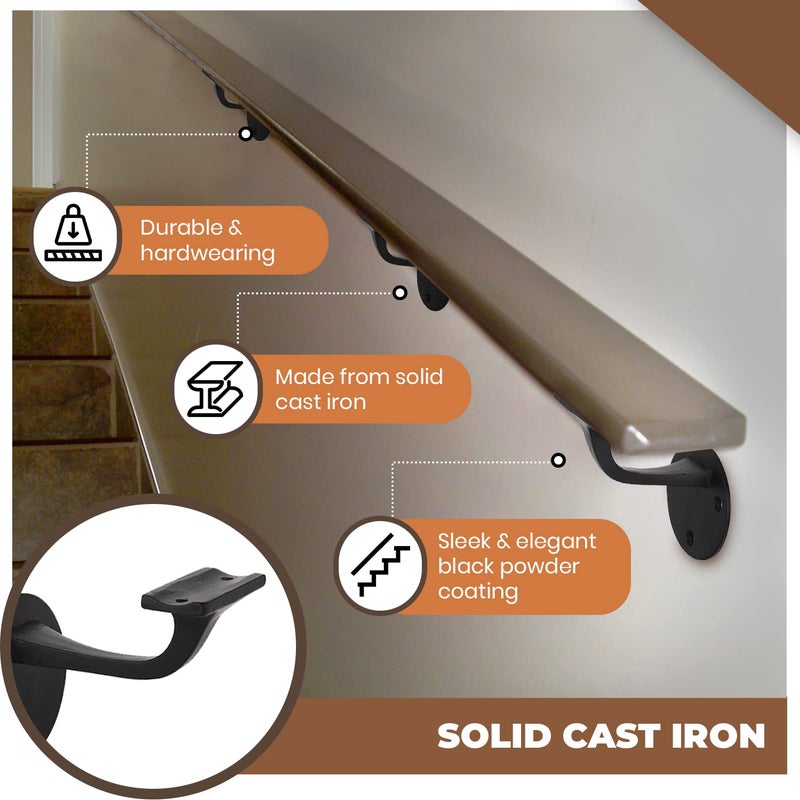 A29 Set of 4 Heavy Duty Metal Handrail Brackets - Cast Iron Hand Railing Brackets for Stairs - Black Powder Coat Steel Banister Support for Indoor, Outdoor Stairway Mounting Hardware Included - Image 3